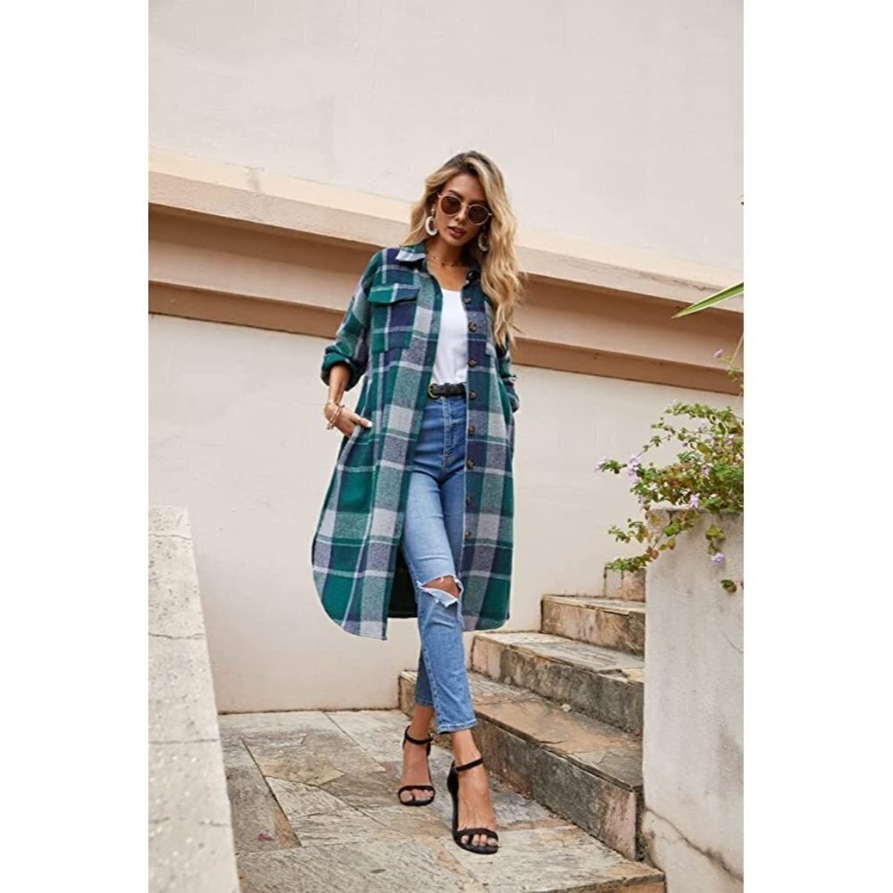 Casual Green Plaid Button Down Long Puff Sleeve Trench Coat Jacket Shacket Wool